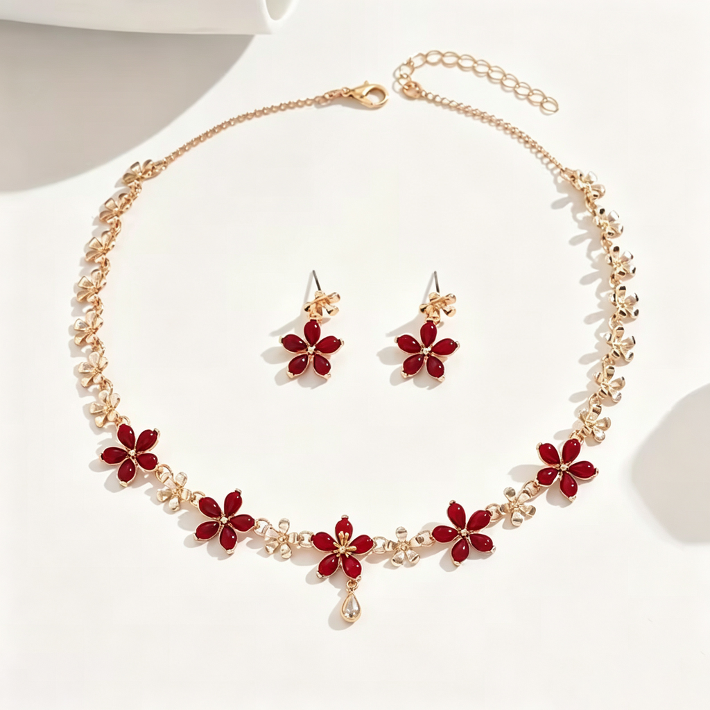 Ruby Red Blossom Necklace and Earrings Set