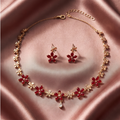 Ruby Red Blossom Necklace and Earrings Set
