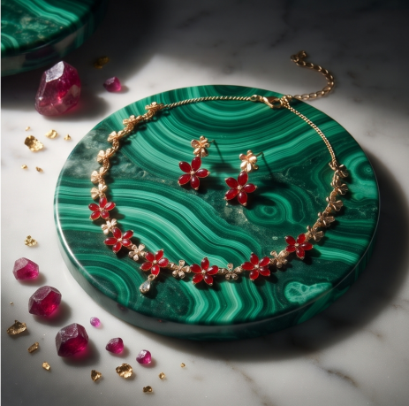Ruby Red Blossom Necklace and Earrings Set