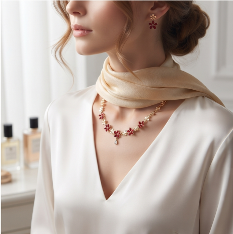 Ruby Red Blossom Necklace and Earrings Set