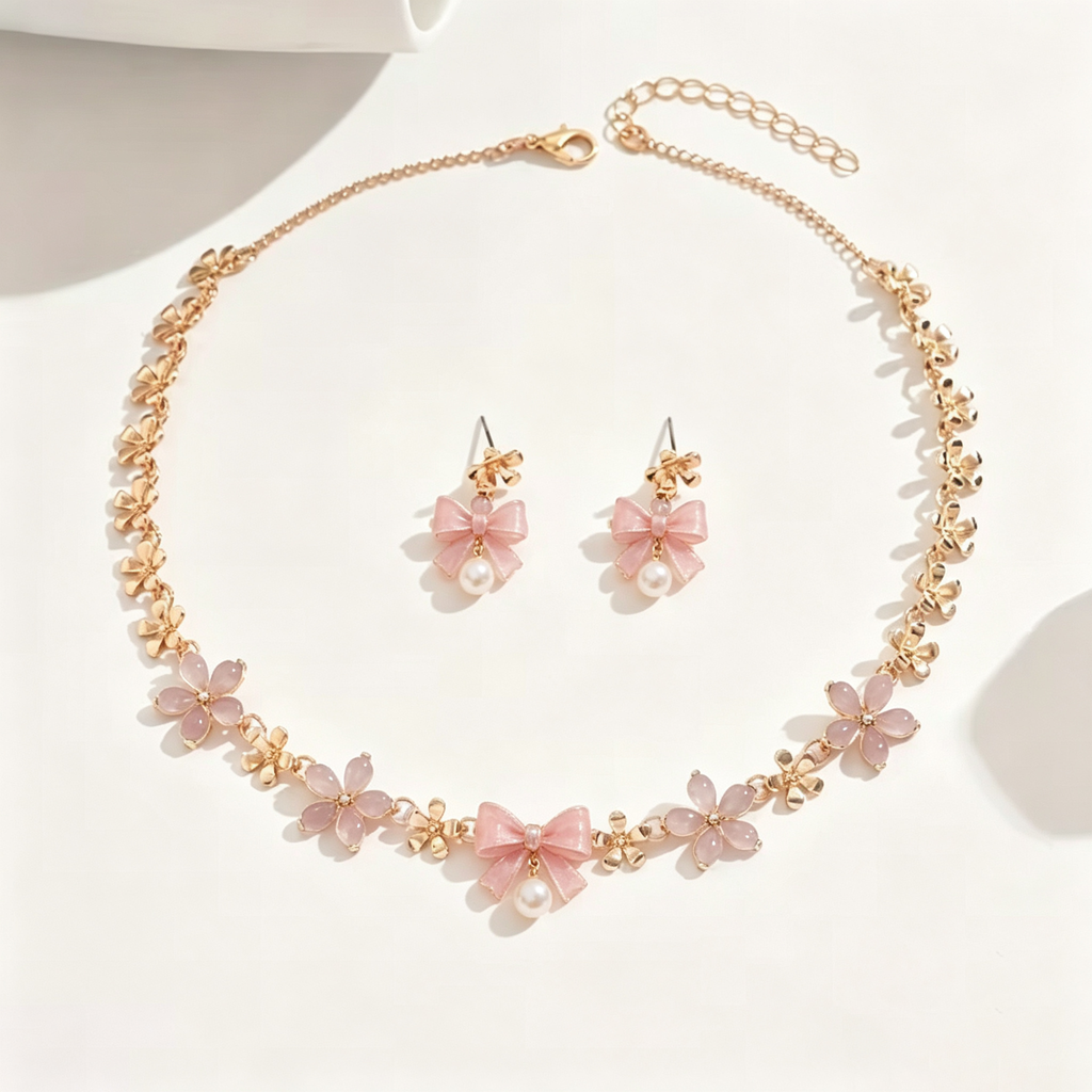 Pastel Pink Bow and Blossom Necklace and Earrings Set