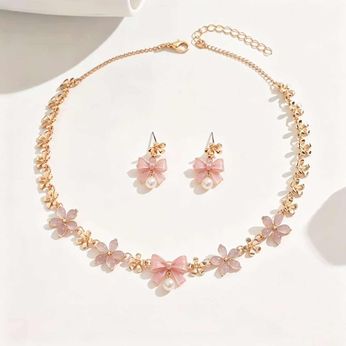 Pastel Pink Bow and Blossom Necklace and Earrings Set