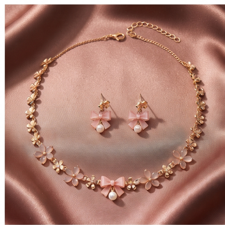 Pastel Pink Bow and Blossom Necklace and Earrings Set