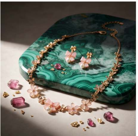 Pastel Pink Bow and Blossom Necklace and Earrings Set