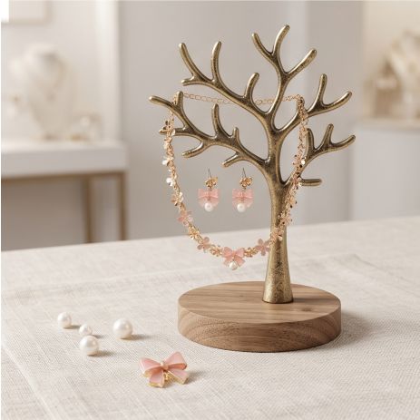 Pastel Pink Bow and Blossom Necklace and Earrings Set