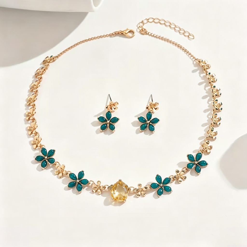Teal and Amber Crystal Blossom Necklace and Earrings Set
