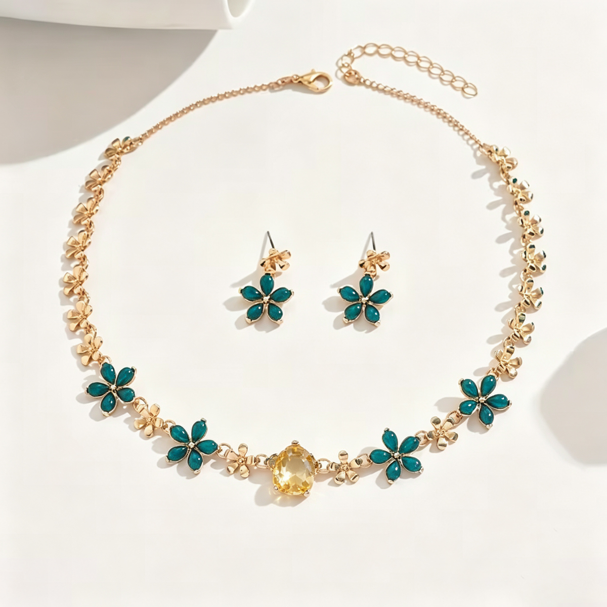 Teal and Amber Crystal Blossom Necklace and Earrings Set