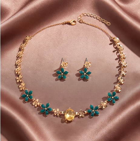 Teal and Amber Crystal Blossom Necklace and Earrings Set