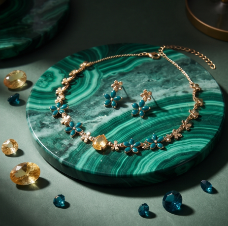 Teal and Amber Crystal Blossom Necklace and Earrings Set