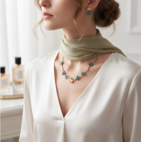 Teal and Amber Crystal Blossom Necklace and Earrings Set