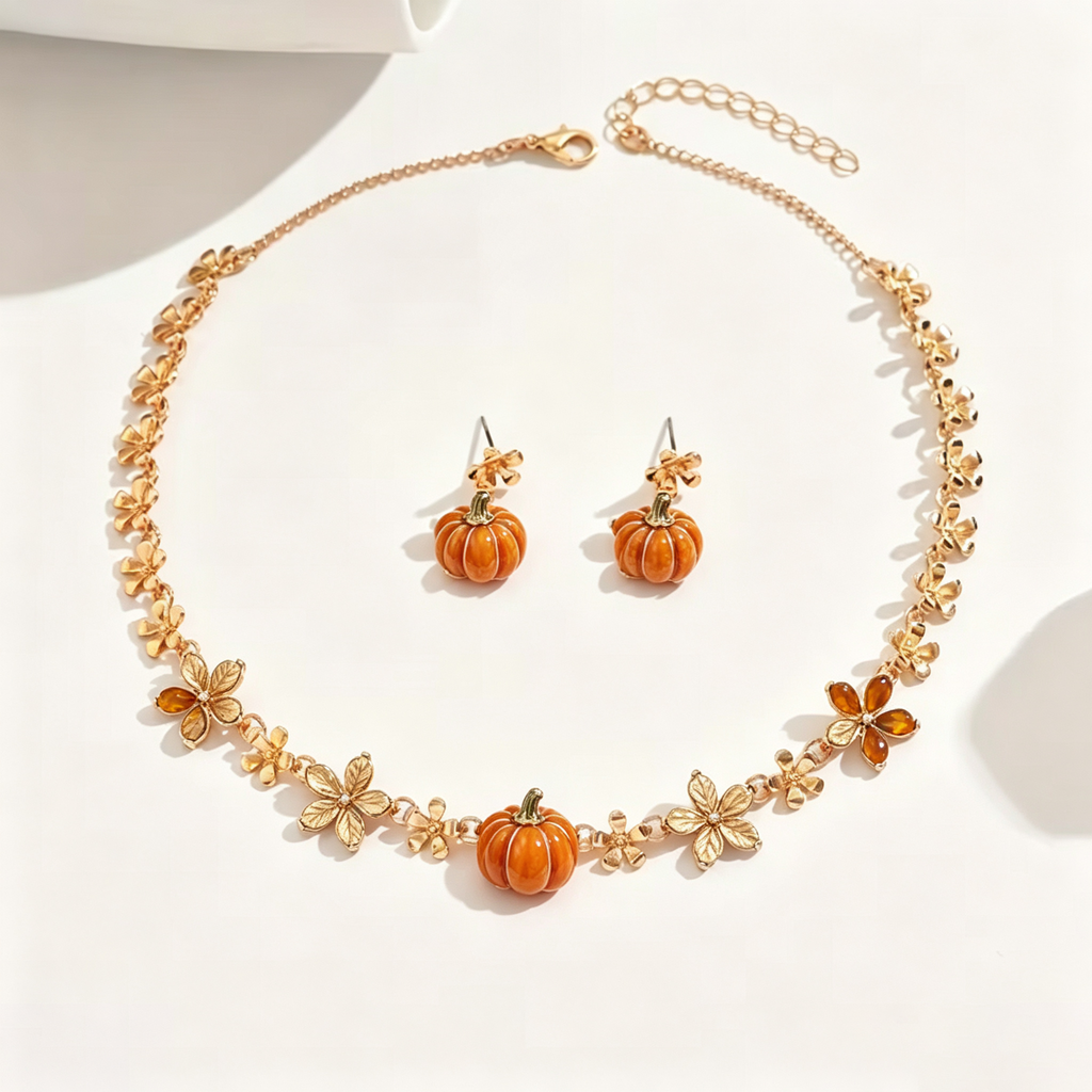Autumn Harvest Pumpkin and Blossom Necklace and Earrings Set