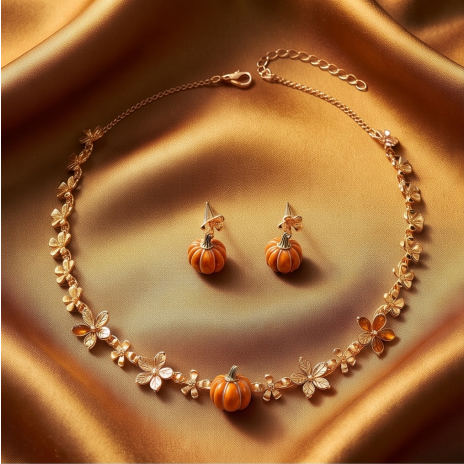 Autumn Harvest Pumpkin and Blossom Necklace and Earrings Set