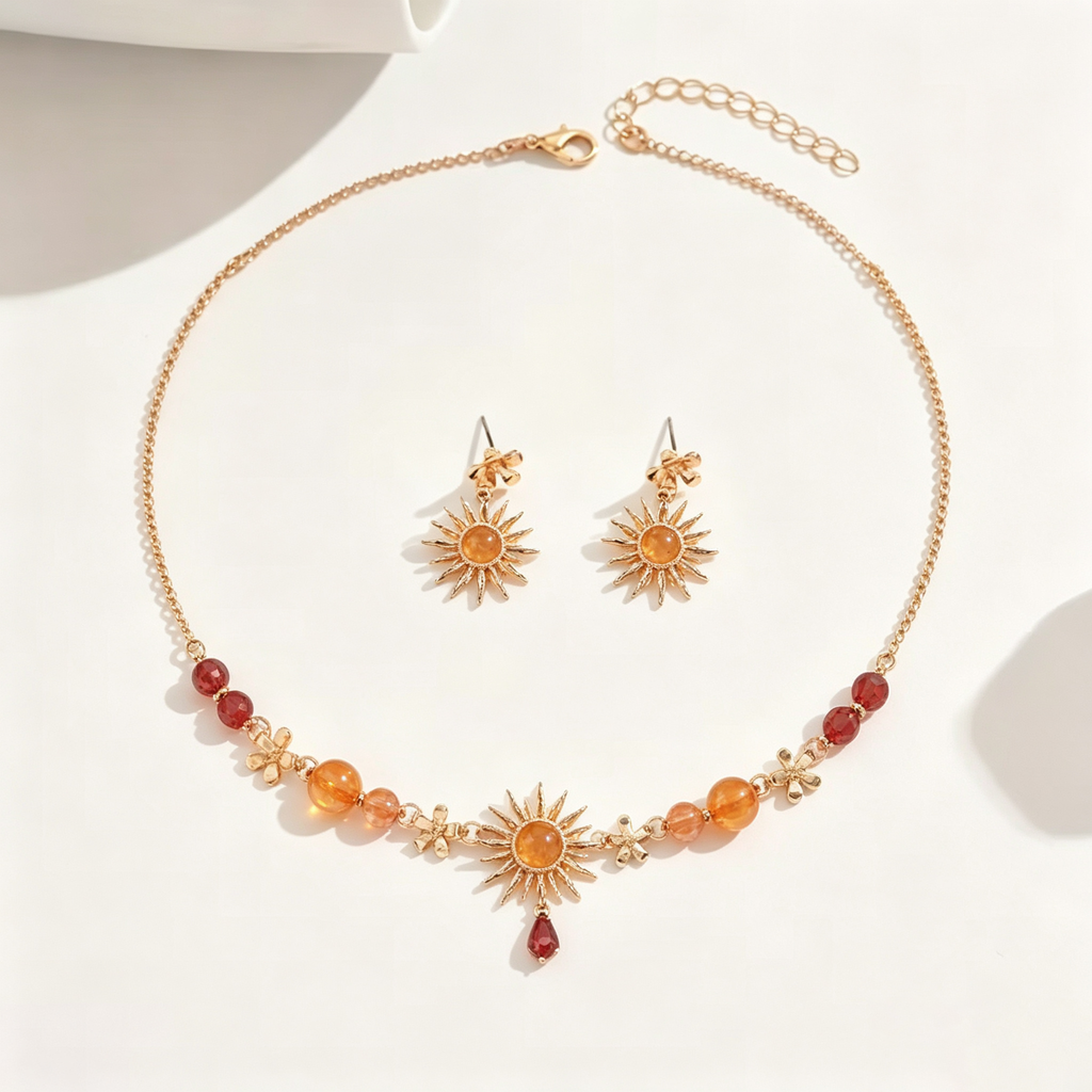 Golden Sunburst and Amber Bead Necklace and Earrings Set