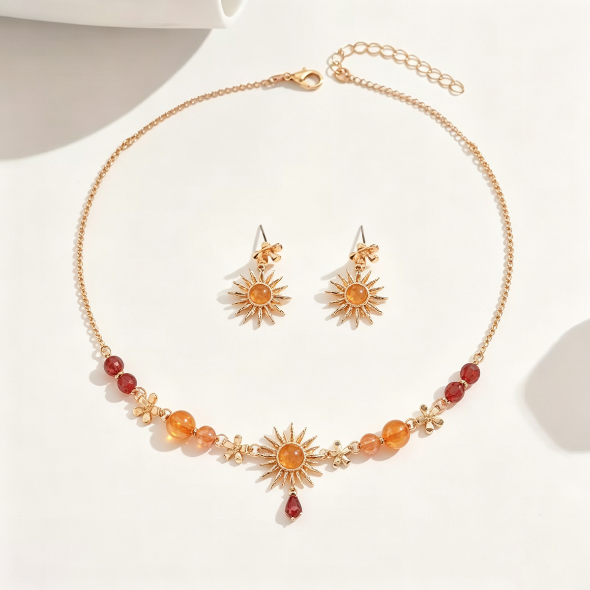 Golden Sunburst and Amber Bead Necklace and Earrings Set