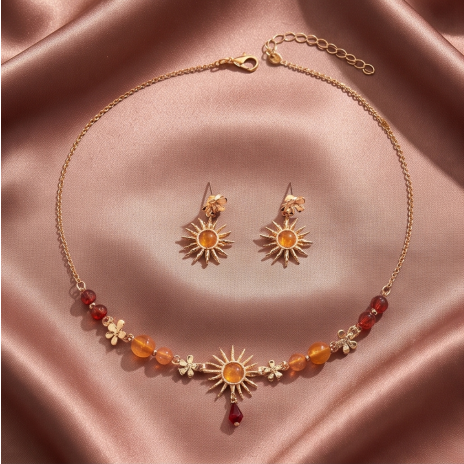 Golden Sunburst and Amber Bead Necklace and Earrings Set