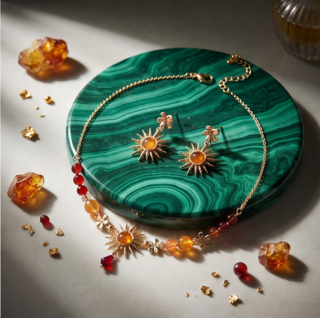Golden Sunburst and Amber Bead Necklace and Earrings Set