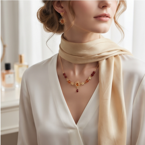 Golden Sunburst and Amber Bead Necklace and Earrings Set