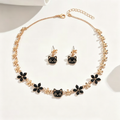 Playful Black Cat and Blossom Necklace and Earrings Set