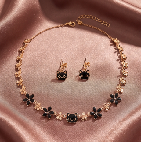 Playful Black Cat and Blossom Necklace and Earrings Set