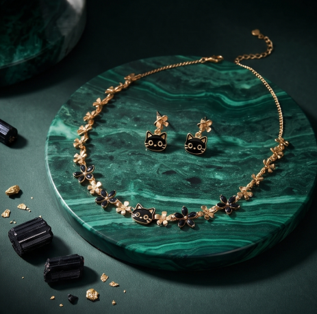 Playful Black Cat and Blossom Necklace and Earrings Set