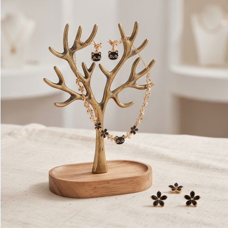 Playful Black Cat and Blossom Necklace and Earrings Set