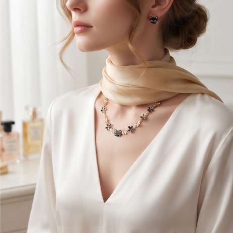 Playful Black Cat and Blossom Necklace and Earrings Set