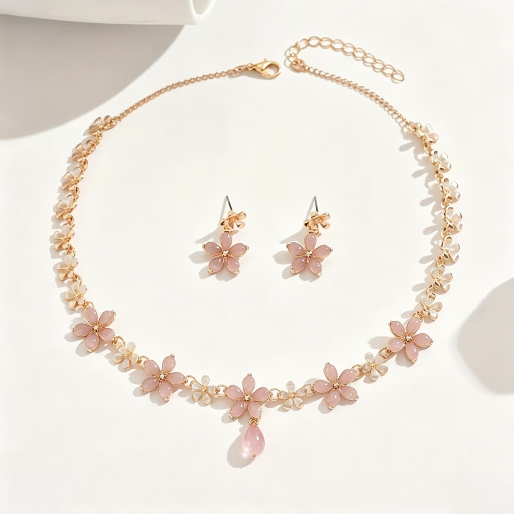 Blush Pink Crystal Blossom Necklace and Earrings Set