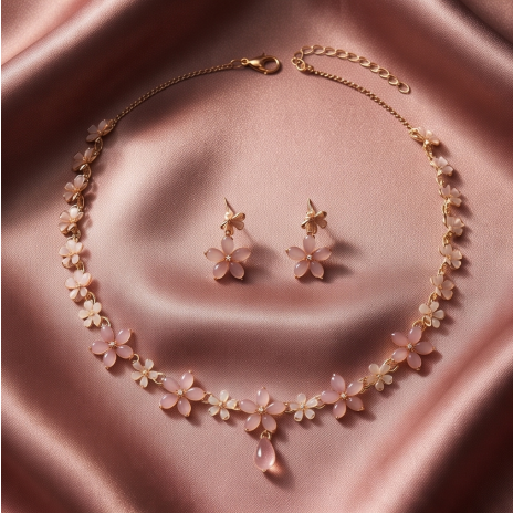 Blush Pink Crystal Blossom Necklace and Earrings Set