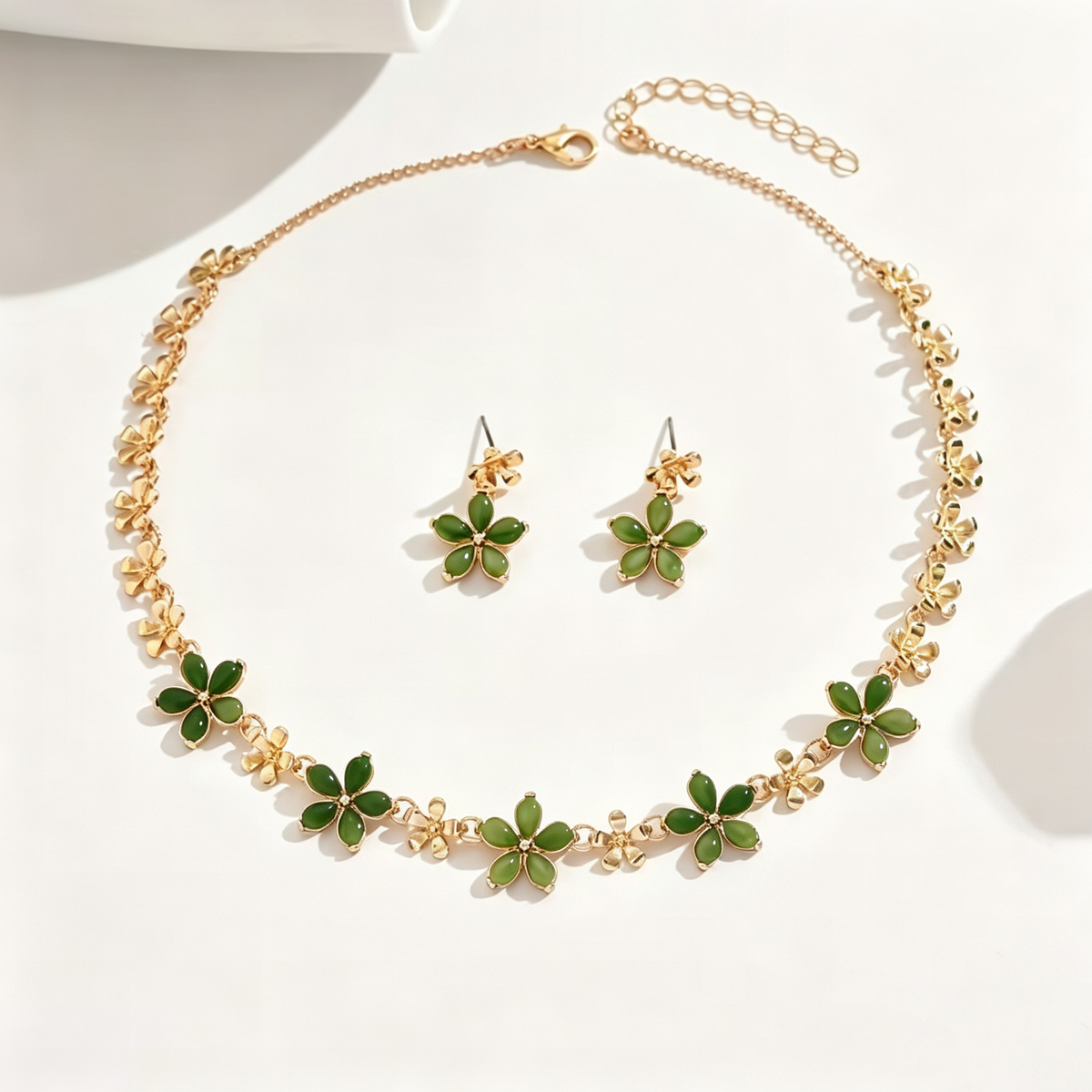 Jade Green Blossom Necklace and Earrings Set