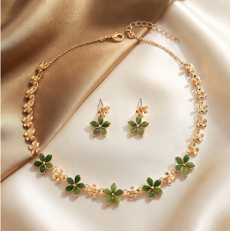 Jade Green Blossom Necklace and Earrings Set