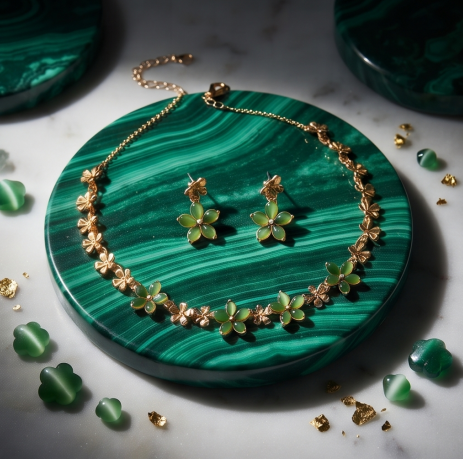 Jade Green Blossom Necklace and Earrings Set