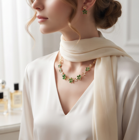 Jade Green Blossom Necklace and Earrings Set