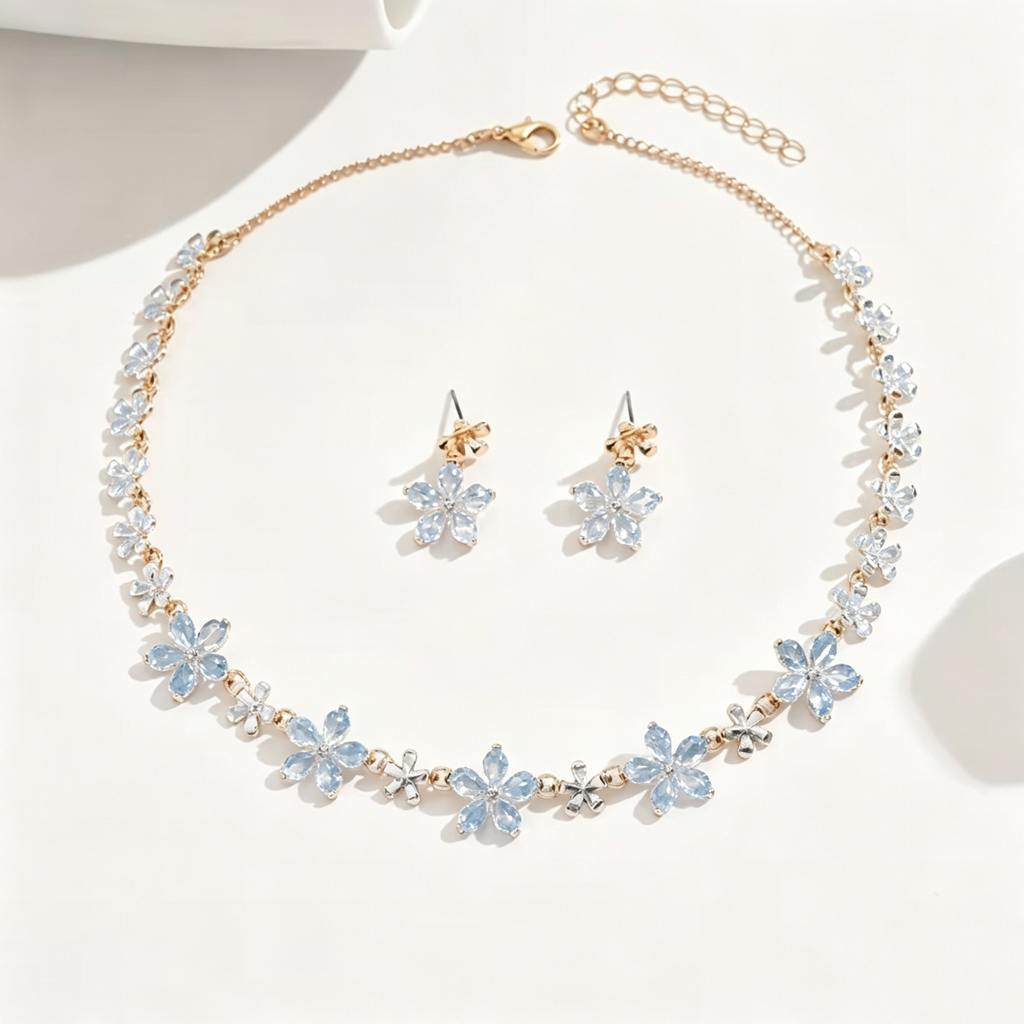 Sky Blue Crystal Blossom Necklace and Earrings Set