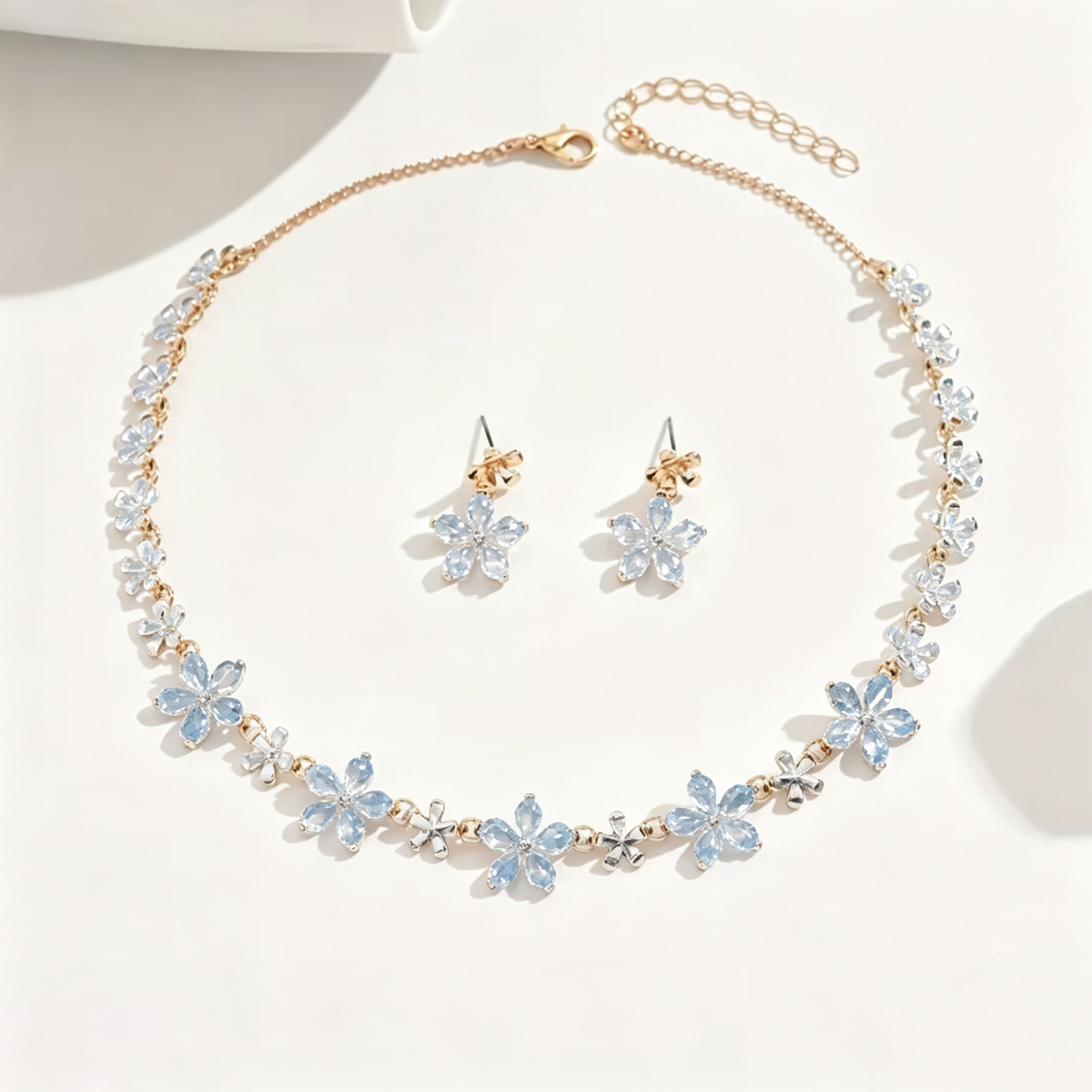 Sky Blue Crystal Blossom Necklace and Earrings Set