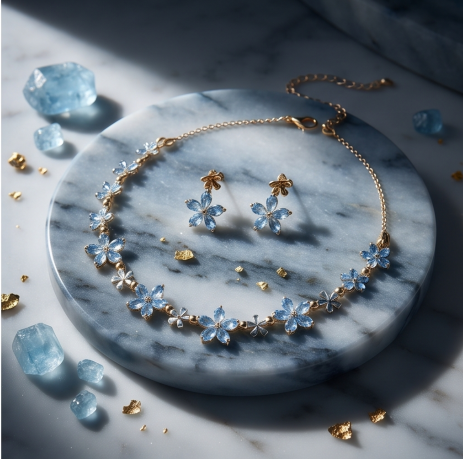 Sky Blue Crystal Blossom Necklace and Earrings Set