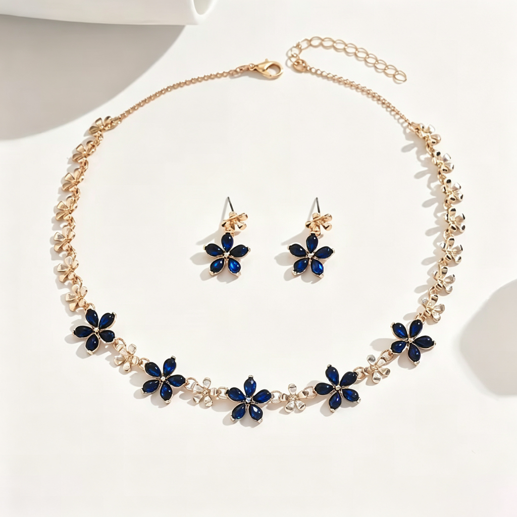 Sapphire Blue Crystal Blossom Necklace and Earrings Set