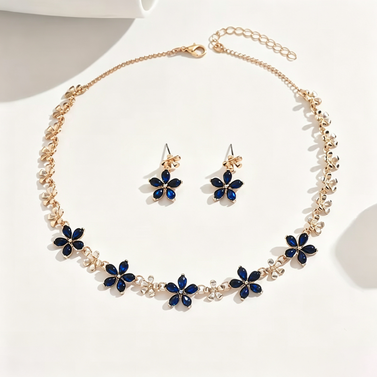 Sapphire Blue Crystal Blossom Necklace and Earrings Set