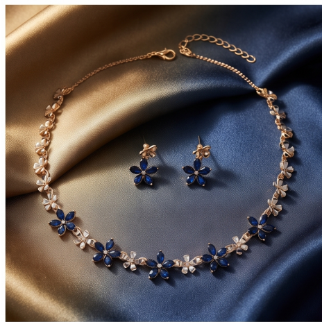 Sapphire Blue Crystal Blossom Necklace and Earrings Set