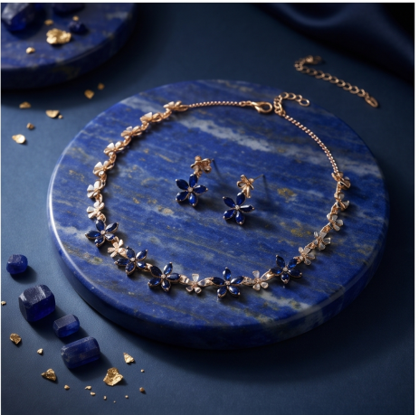 Sapphire Blue Crystal Blossom Necklace and Earrings Set