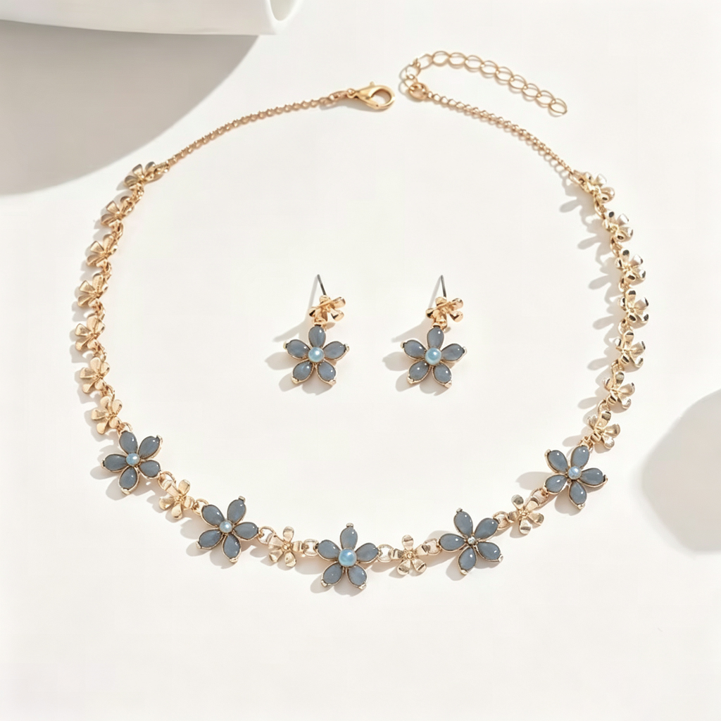 Slate Blue Blossom Necklace and Earrings Set