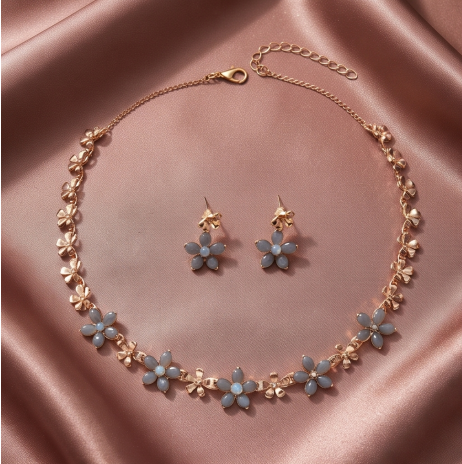 Slate Blue Blossom Necklace and Earrings Set