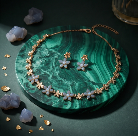 Slate Blue Blossom Necklace and Earrings Set