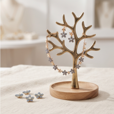 Slate Blue Blossom Necklace and Earrings Set