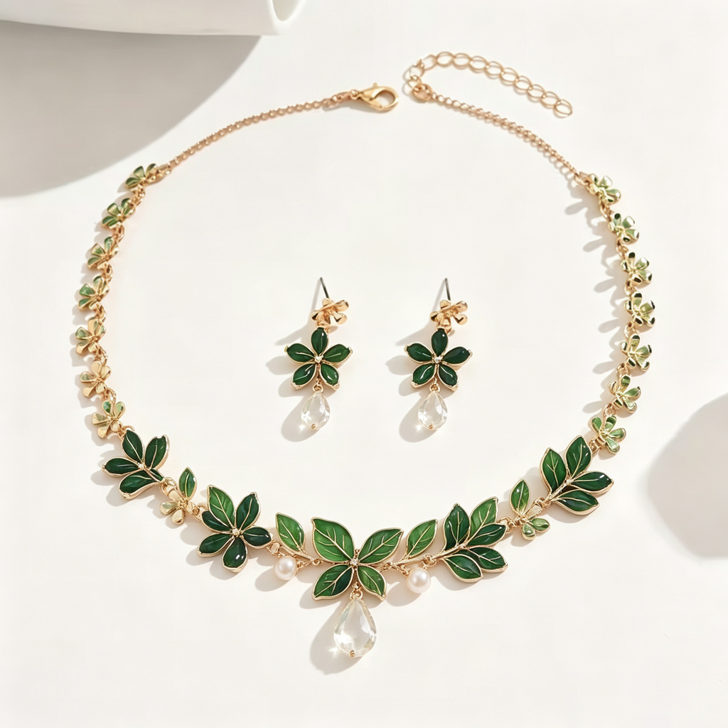 Emerald Leaf and Blossom Necklace and Earrings Set