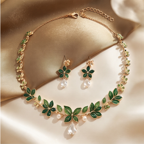 Emerald Leaf and Blossom Necklace and Earrings Set