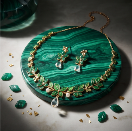 Emerald Leaf and Blossom Necklace and Earrings Set
