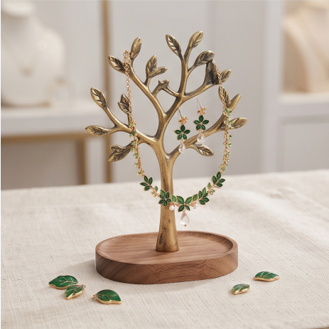 Emerald Leaf and Blossom Necklace and Earrings Set