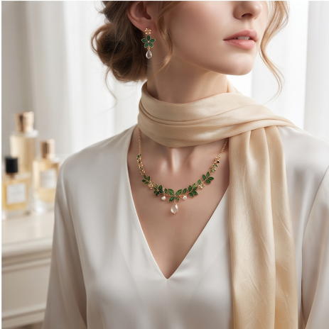 Emerald Leaf and Blossom Necklace and Earrings Set