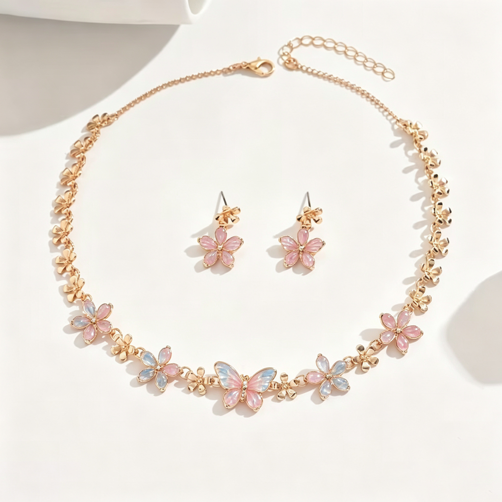 Pastel Butterfly and Blossom Necklace and Earrings Set