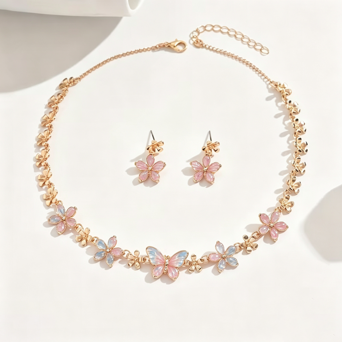 Pastel Butterfly and Blossom Necklace and Earrings Set